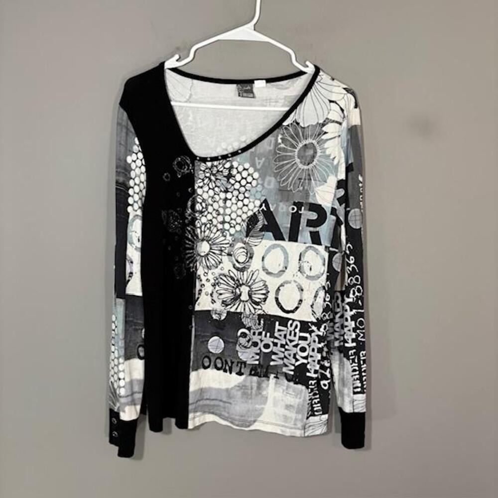 Dolcezza T-Shirt Womens Large Multicolor Art Print Scoop Neck Long Sleeve Top